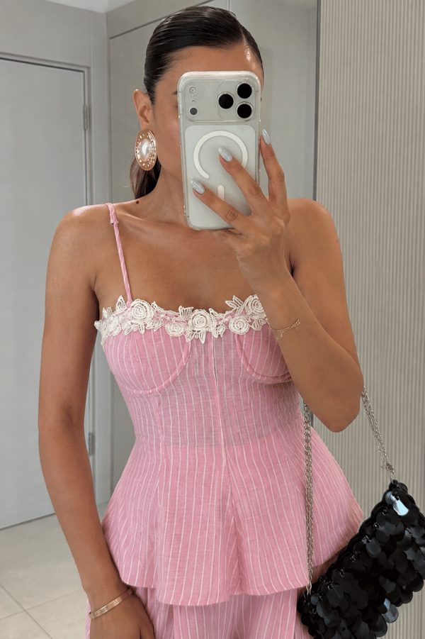 Moore Pembe Çizgili Bluz Pantolon Takım