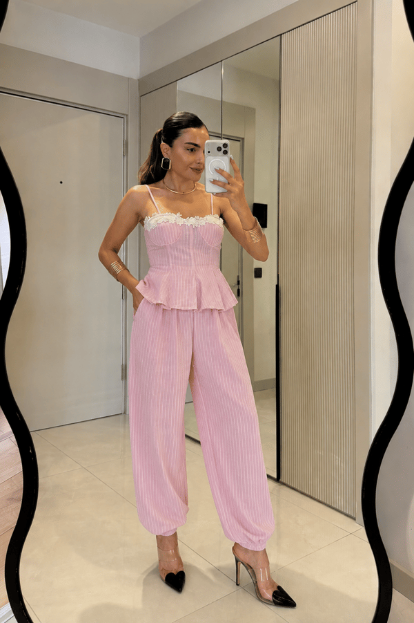 Moore Pembe Çizgili Bluz Pantolon Takım