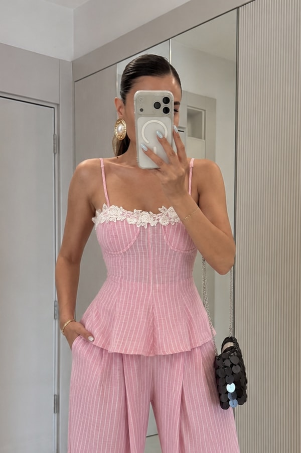 Moore Pembe Çizgili Bluz Pantolon Takım