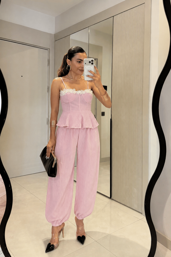Moore Pembe Çizgili Bluz Pantolon Takım
