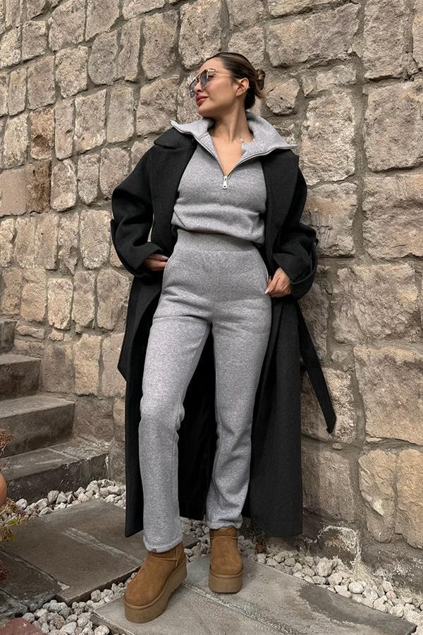Morgan Balıksırtı Kaşe Kaban - Siyah
