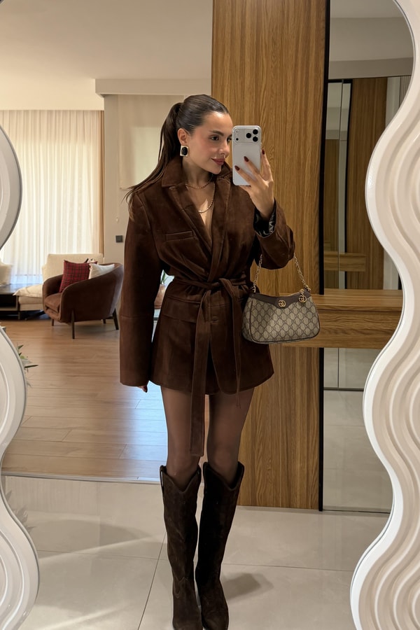 Morrison Acı Kahve Süet Kuşaklı Blazer Ceket
