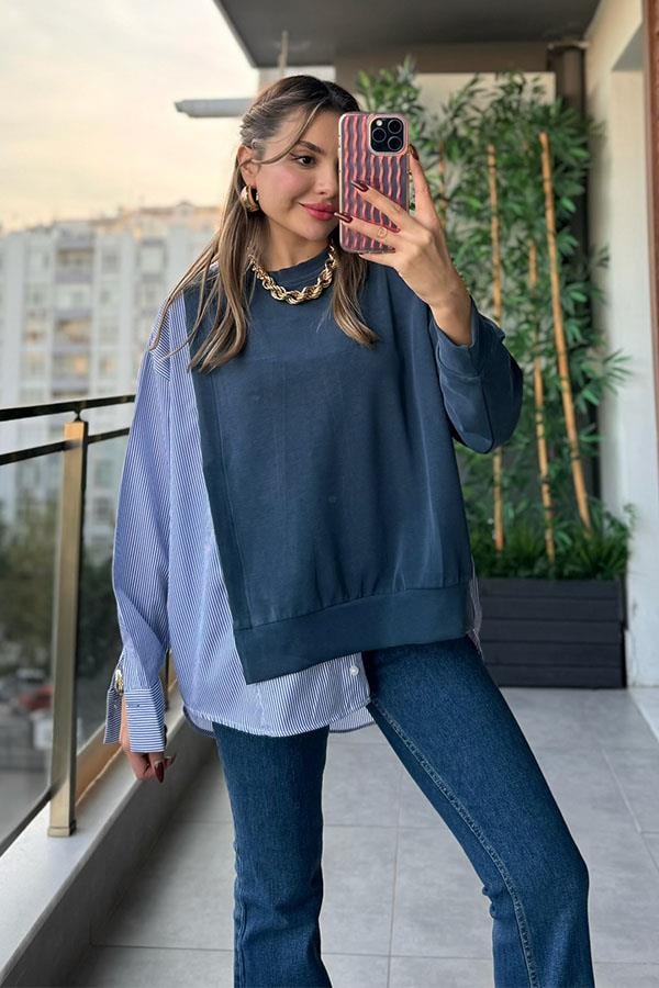 Muffin Çizgili Tasarım Sweat - Lacivert
