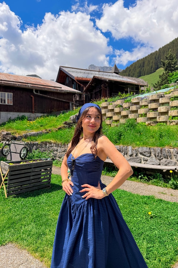 Mürren Lacivert Çizgili Bandanalı Korseli Elbise