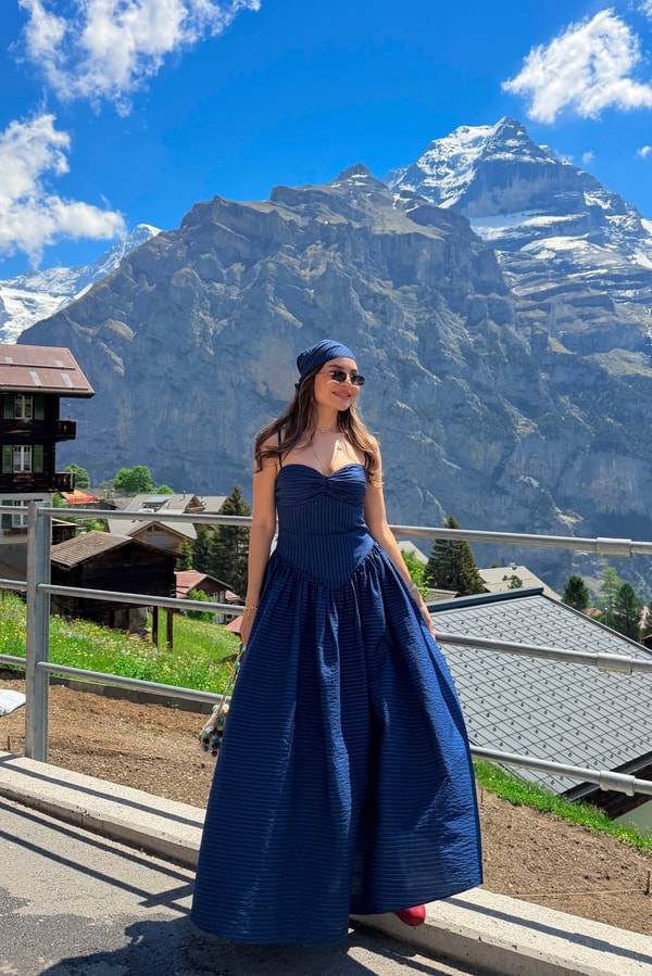Mürren Lacivert Çizgili Bandanalı Korseli Elbise