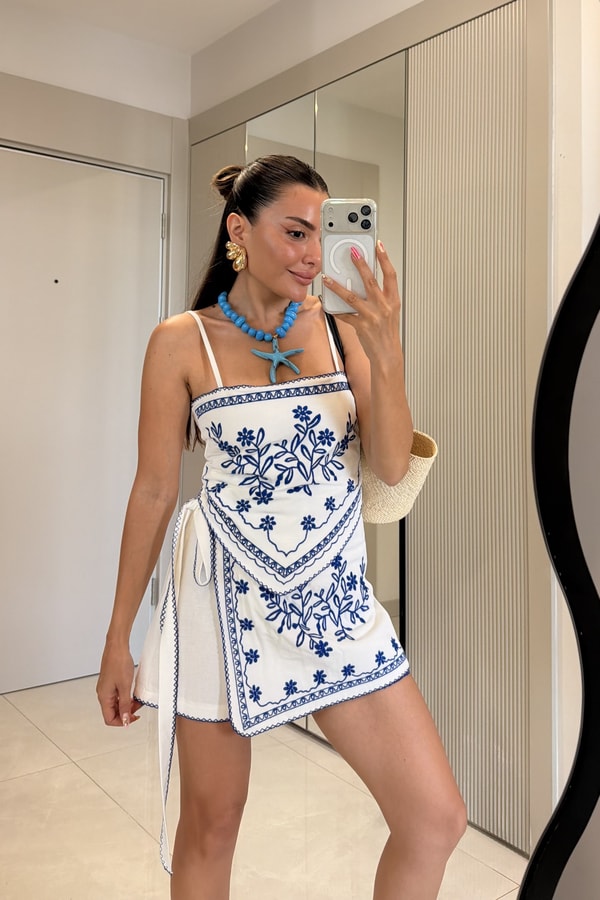 Mykonos Mavi Nakışlı Şot Etek Crop Takım