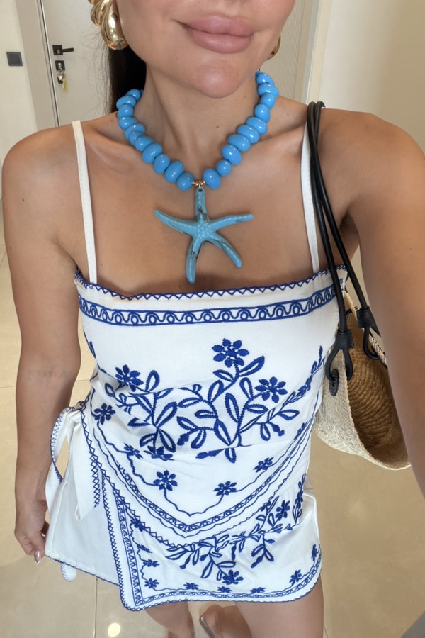 Mykonos Mavi Nakışlı Şot Etek Crop Takım