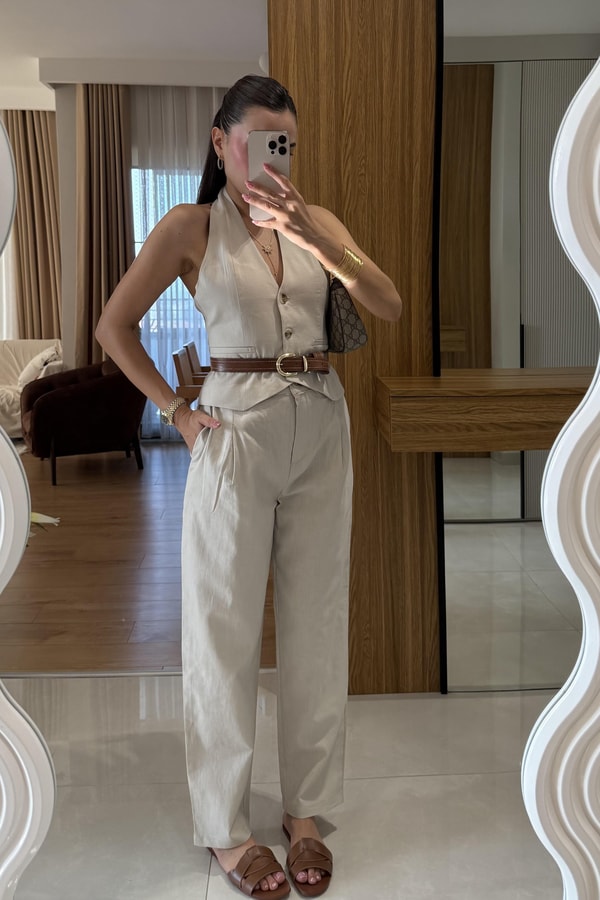 Myles Bej Kemerli Premium Keten Takım