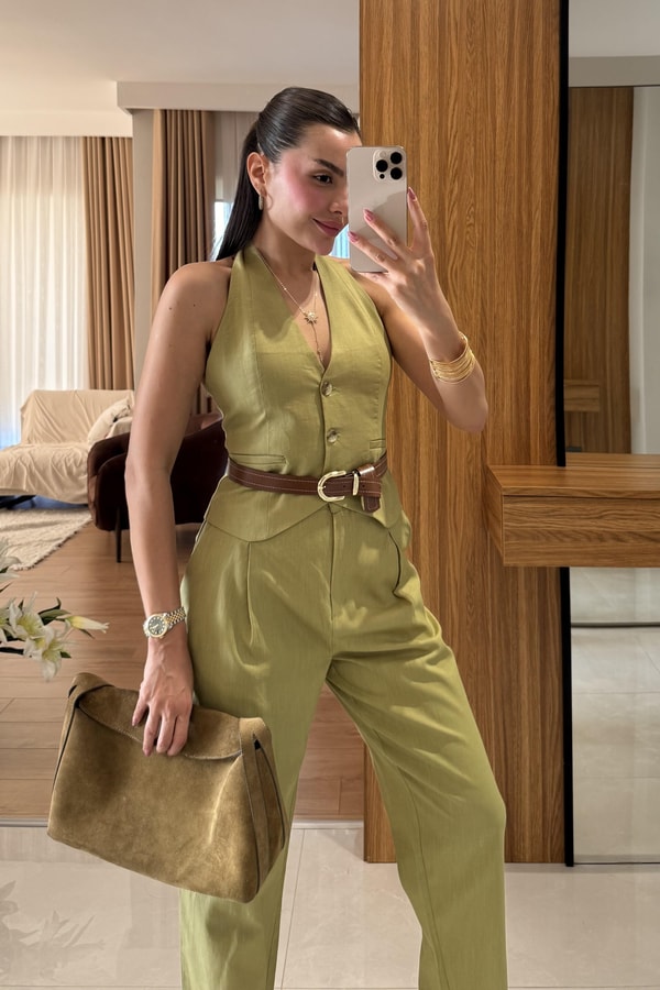 Myles Yeşil Kemerli Premium Keten Takım