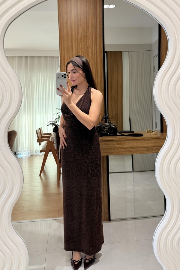 Nadiya Kahve Simli Maxi Elbise