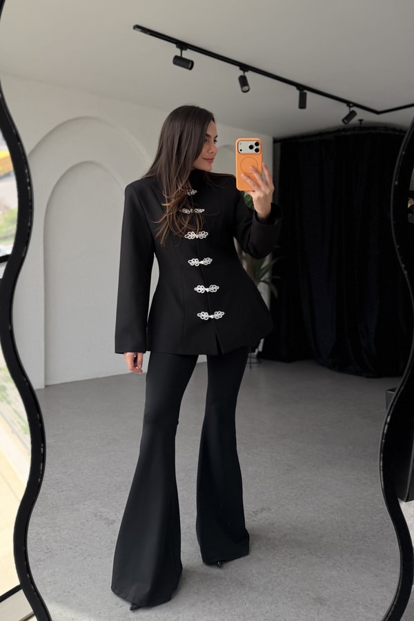 Napolyon Siyah Nakış Düğmeli Blazer Ceket