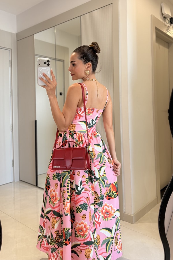 Narcy Pembe Tropikal Desenli  Elbise