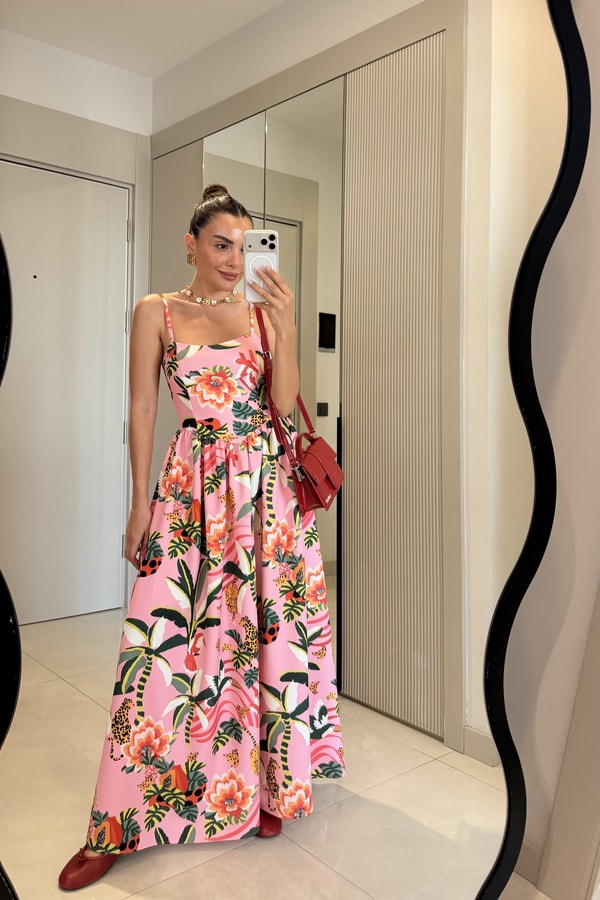 Narcy Pembe Tropikal Desenli  Elbise
