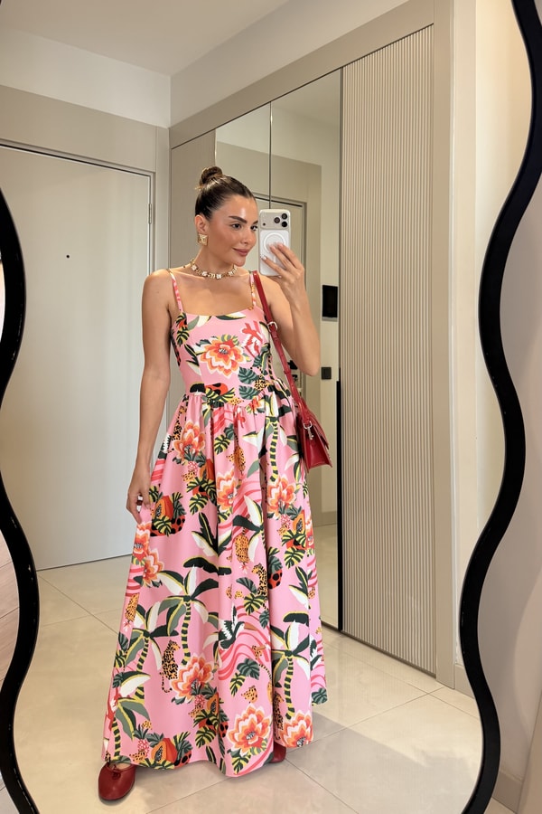 Narcy Pembe Tropikal Desenli  Elbise