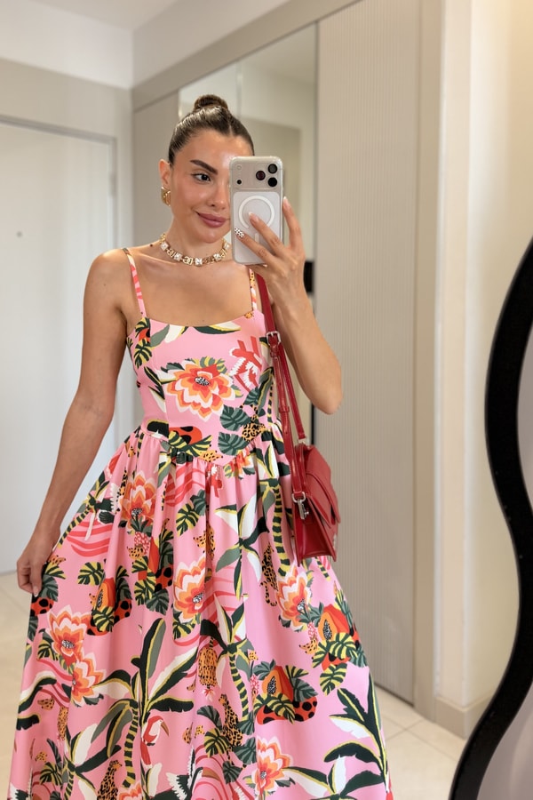 Narcy Pembe Tropikal Desenli  Elbise