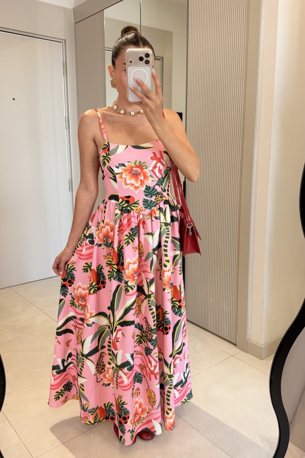 Narcy Pembe Tropikal Desenli  Elbise