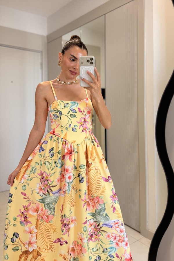 Narcy Sarı Tropikal Desenli  Elbise