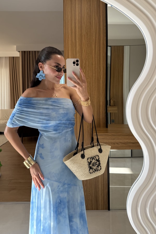 Nascia Mavi Tek Omuz Batik Desen Elbise