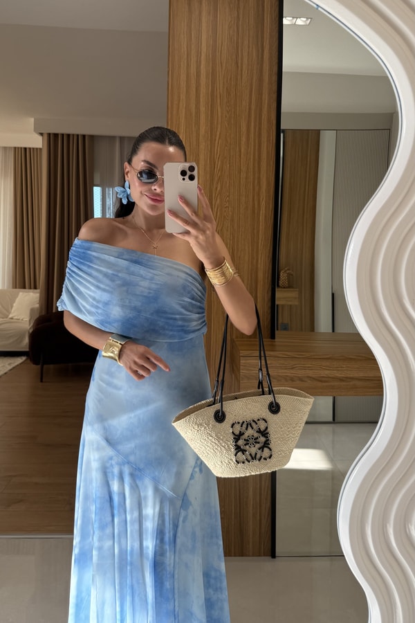 Nascia Mavi Tek Omuz Batik Desen Elbise