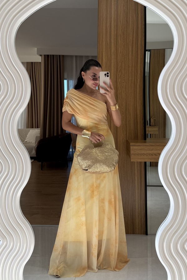 Nascia Sarı Tek Omuz Batik Desen Elbise