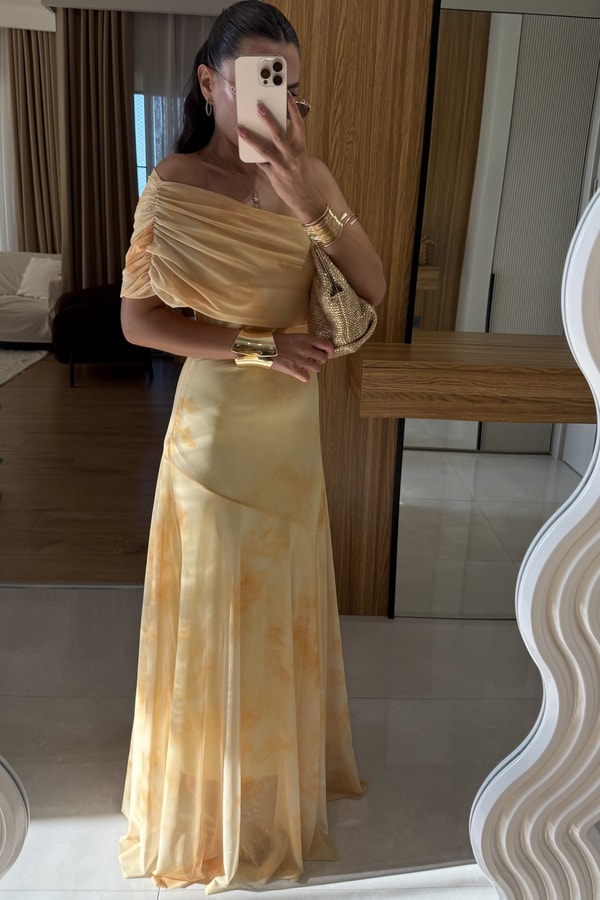 Nascia Sarı Tek Omuz Batik Desen Elbise