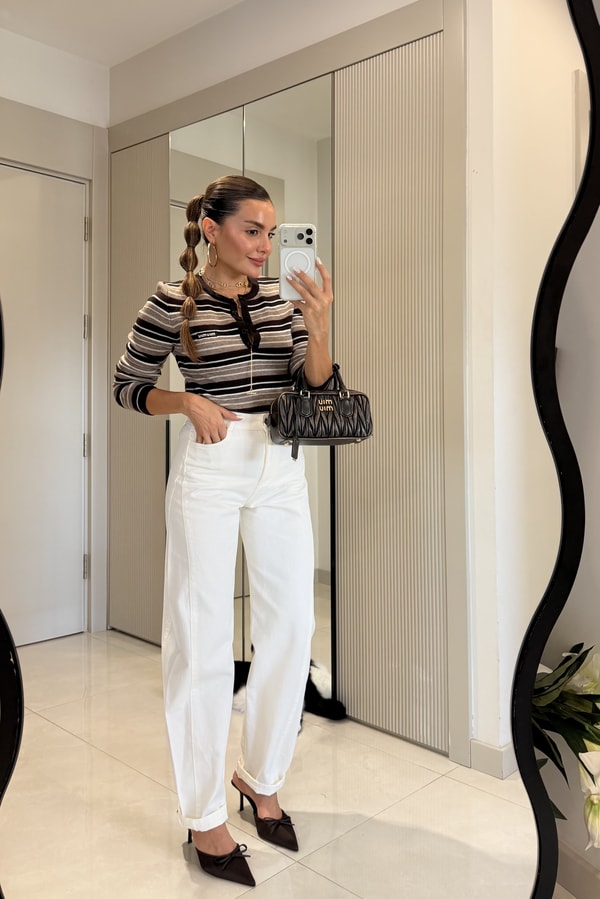 Nastes Beyaz Yüksek Bel Duble Paça Mom Jean