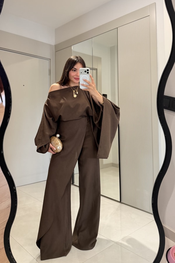 Natalia Kahve Keten Premium Yarasa Takım