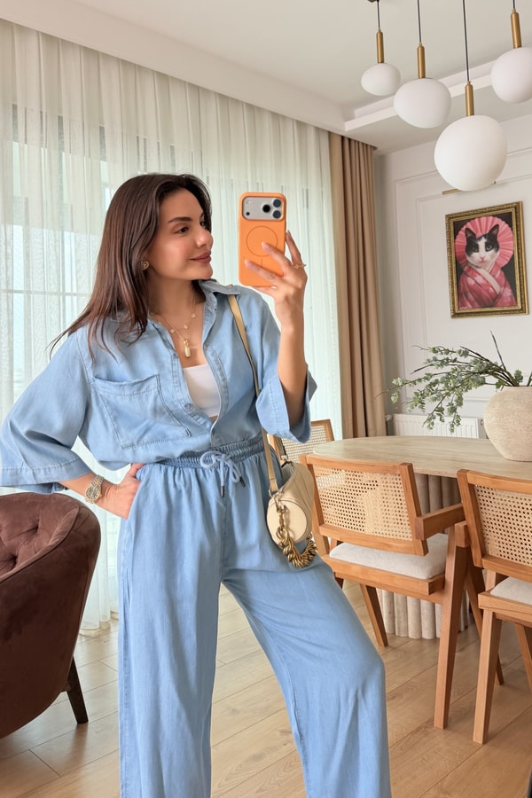 Nataly Lightblue Beli Lastikli Tensel Kot Takım