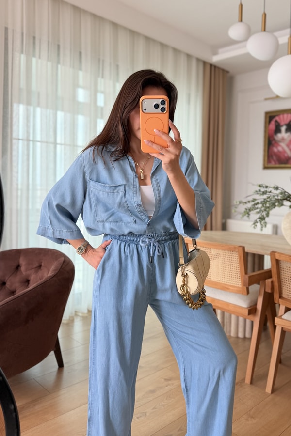 Nataly Lightblue Beli Lastikli Tensel Kot Takım