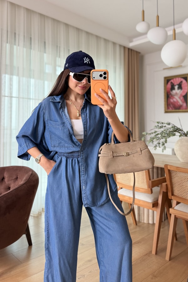 Nataly Midblue Beli Lastikli Tensel Kot Takım
