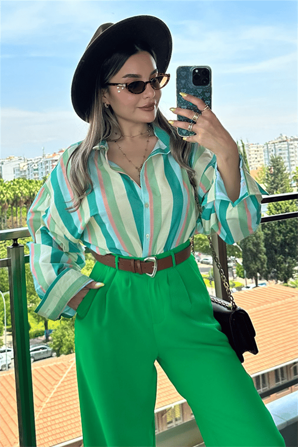 Naty yeşil geçişli çizgili gömlek