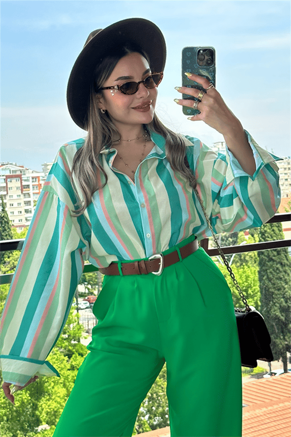 Naty yeşil geçişli çizgili gömlek