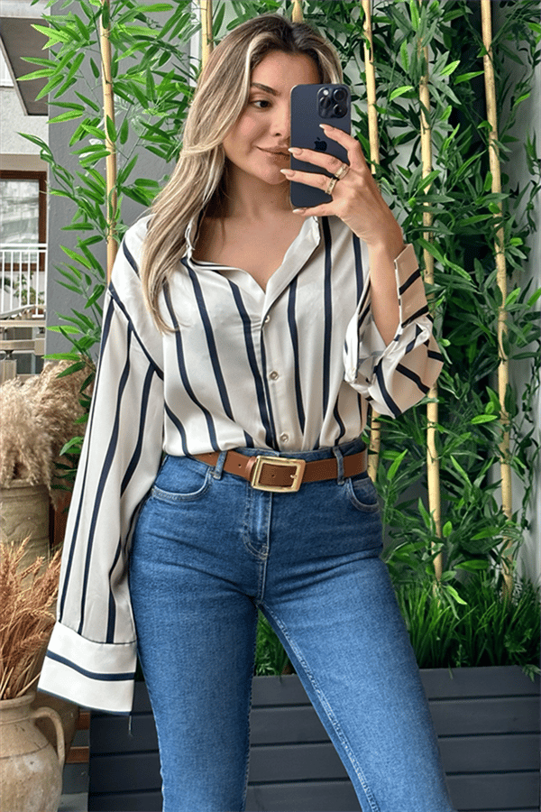 Navy blue saten dokulu gömlek