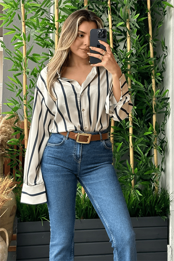 Navy blue saten dokulu gömlek