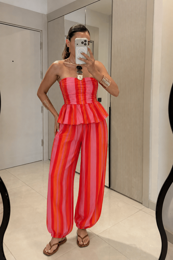 Neason Çizgili Straplez Peplum Takım