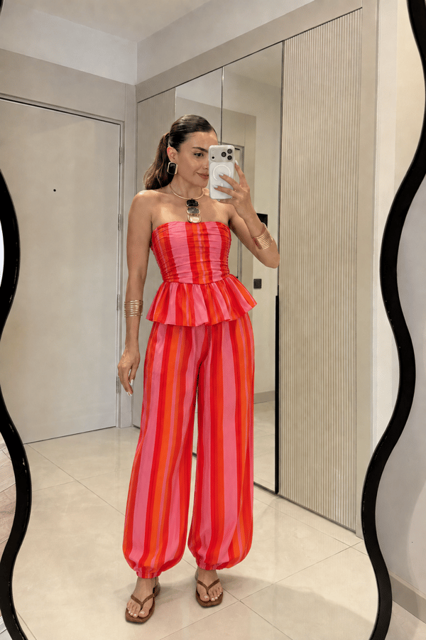 Neason Çizgili Straplez Peplum Takım