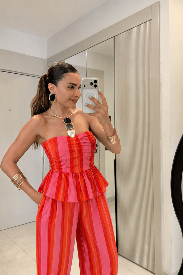 Neason Çizgili Straplez Peplum Takım