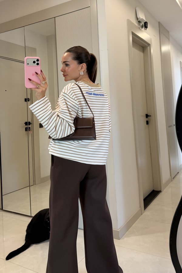 Newyork Bej Baskılı Çizgili Oversize Sweatshirt