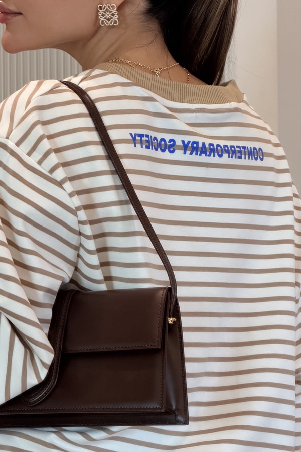Newyork Bej Baskılı Çizgili Oversize Sweatshirt