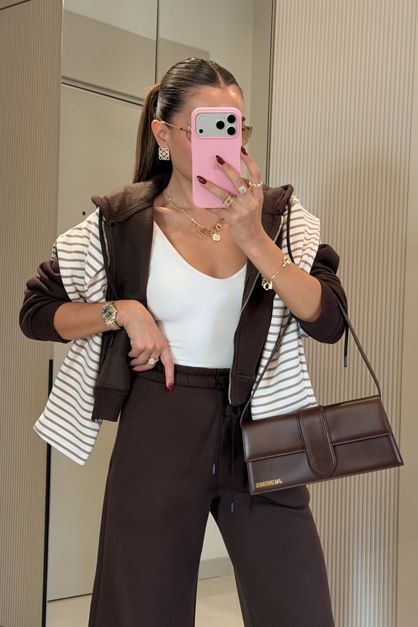Newyork Bej Baskılı Çizgili Oversize Sweatshirt