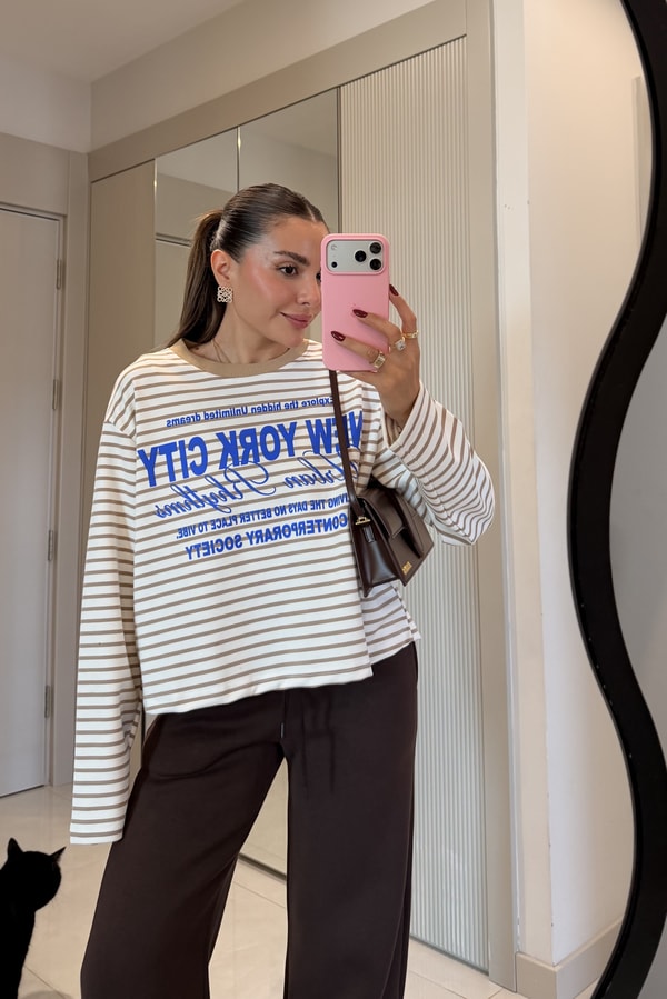 Newyork Bej Baskılı Çizgili Oversize Sweatshirt