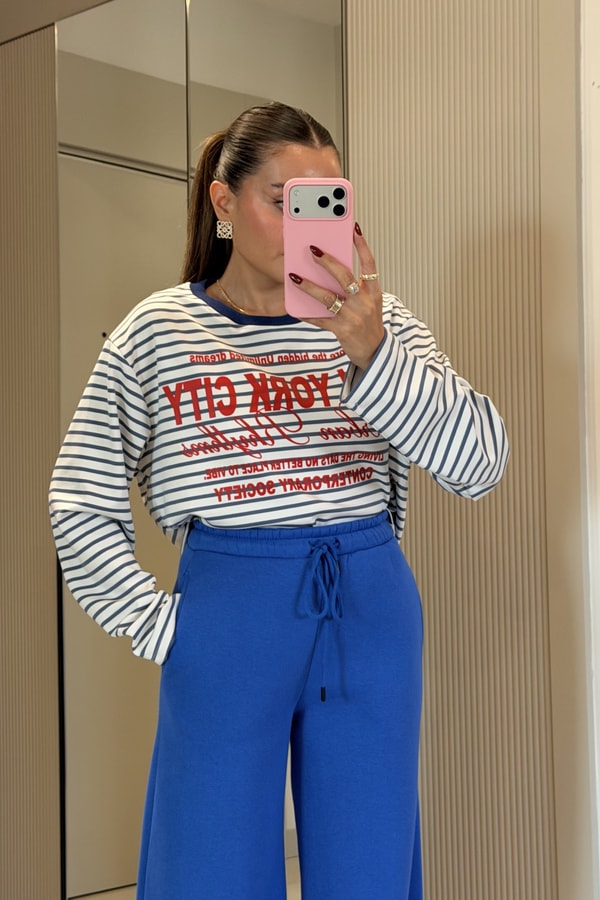 Newyork Mavi Baskılı Çizgili Oversize Sweatshirt