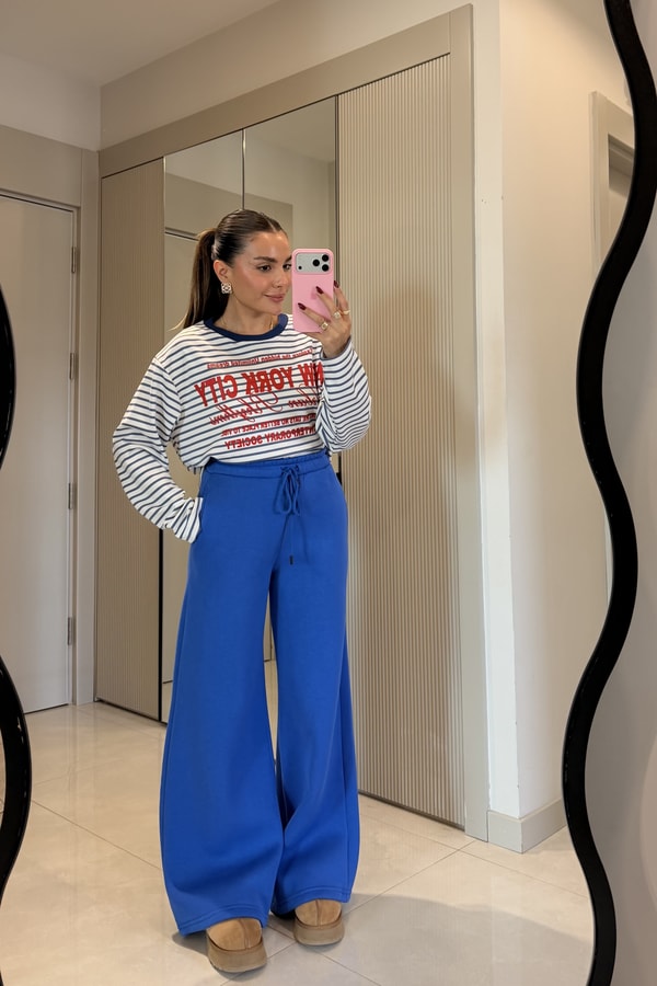 Newyork Mavi Baskılı Çizgili Oversize Sweatshirt