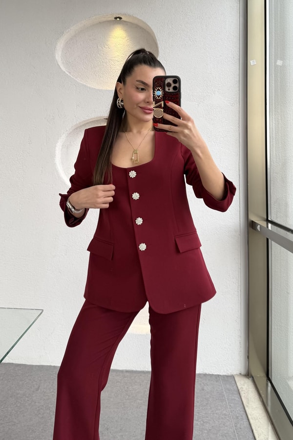 Nilepya Bordo Kare Yaka Ceket Pantolon Takım