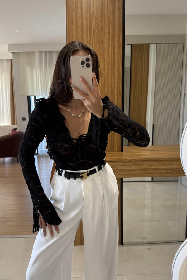 Nilly Siyah Dantel Fırfırlı Bluz