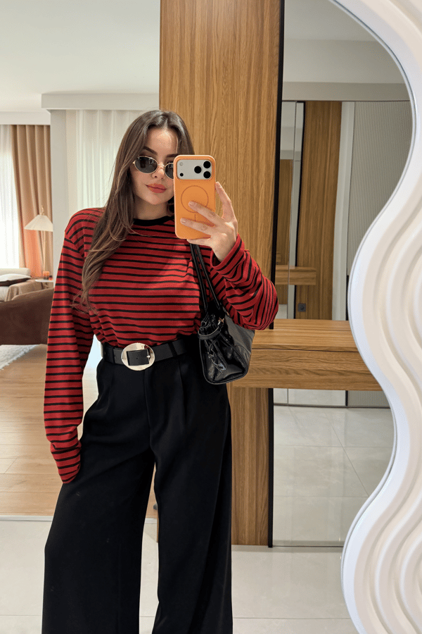 Nives Kırmızı Çizgili Uzun Kollu Tshirt