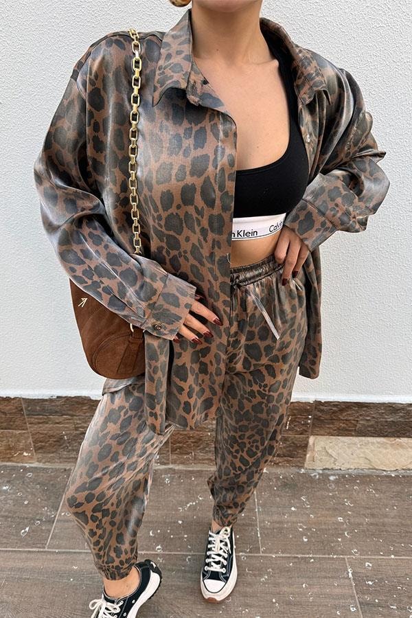 Noxi Leopar Desenli Gömlek Pantolon Takım