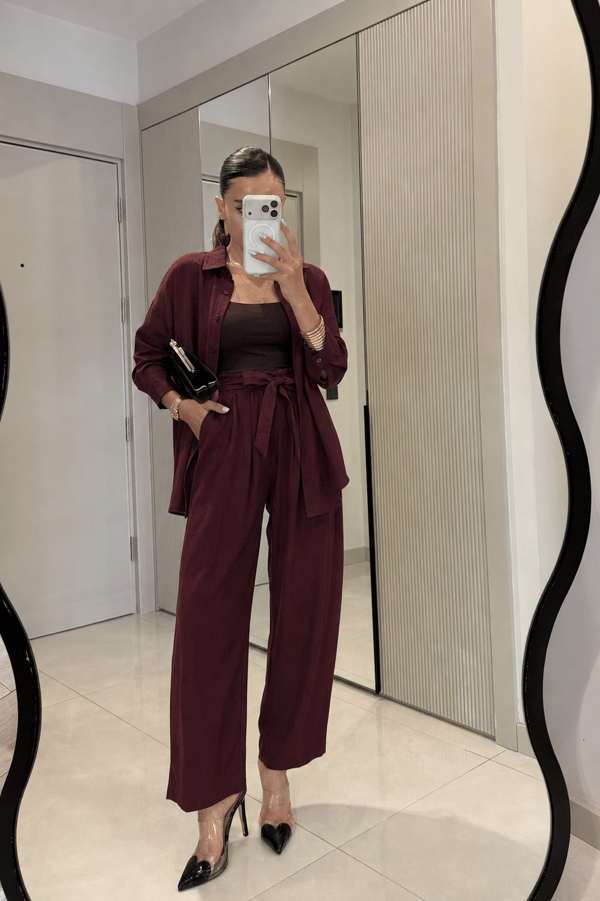Odette Bordo MD Kuşaklı Tensel Gömlek Pantolon Takım