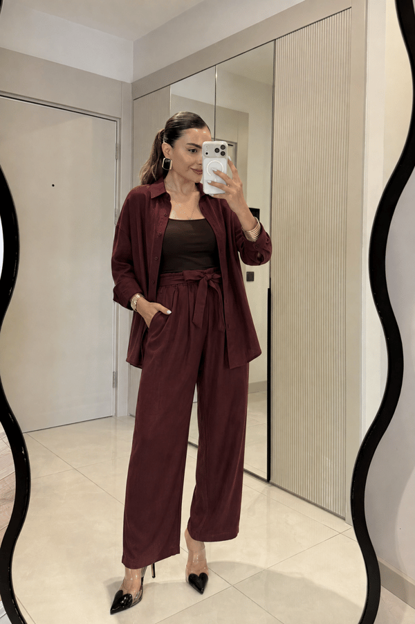 Odette Bordo MD Kuşaklı Tensel Gömlek Pantolon Takım