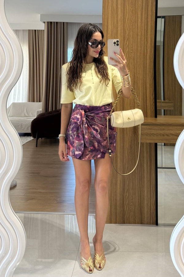 Olga Parlak Dokulu Mor Etek